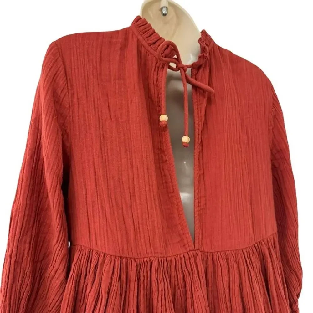 Free People Mini Oversized 3/4 Sleeve Gauze Dress Dark Orange 100% Cotton sz XS